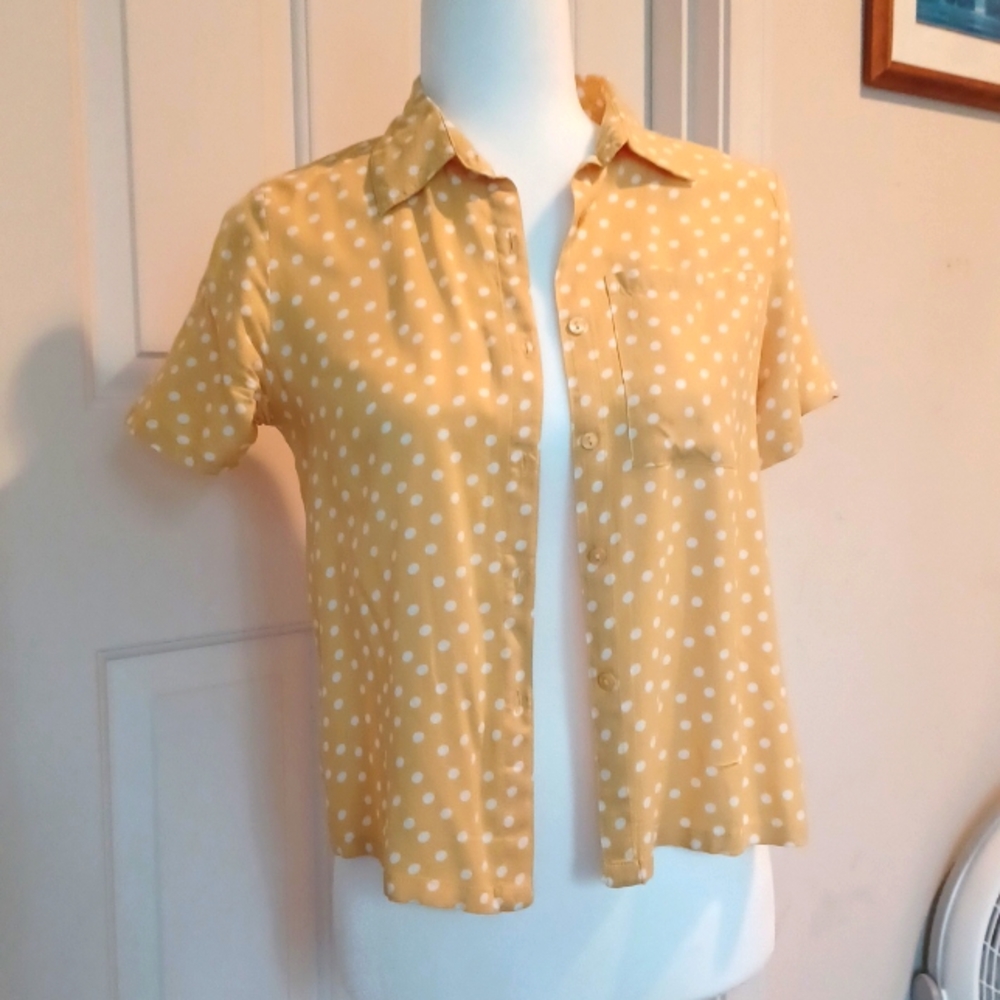 Rayon short sleeve polka dot yellow collared blouse size S